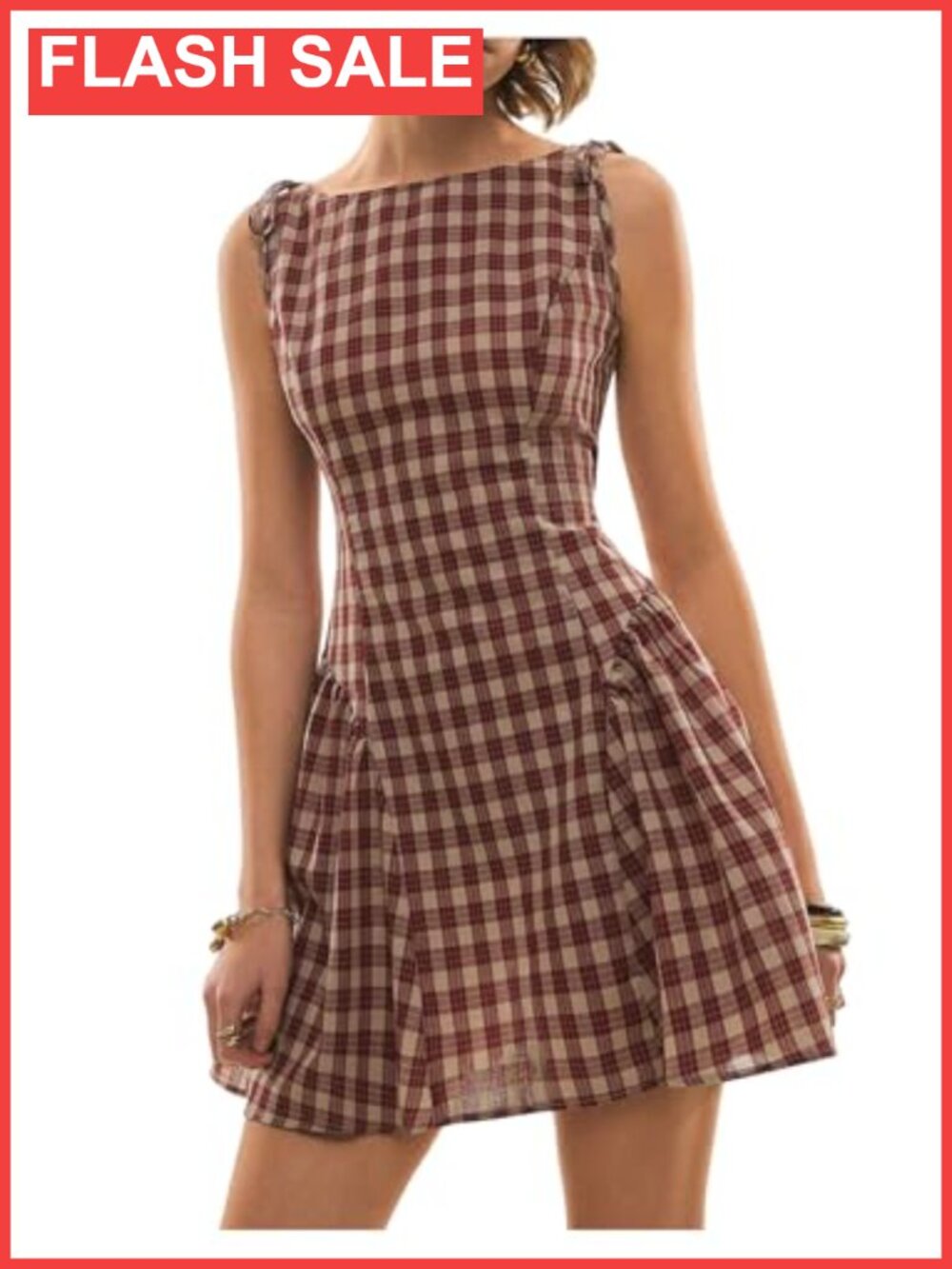 Gingham Sundress Tie Shoulder Flared Hem A-Line Dress